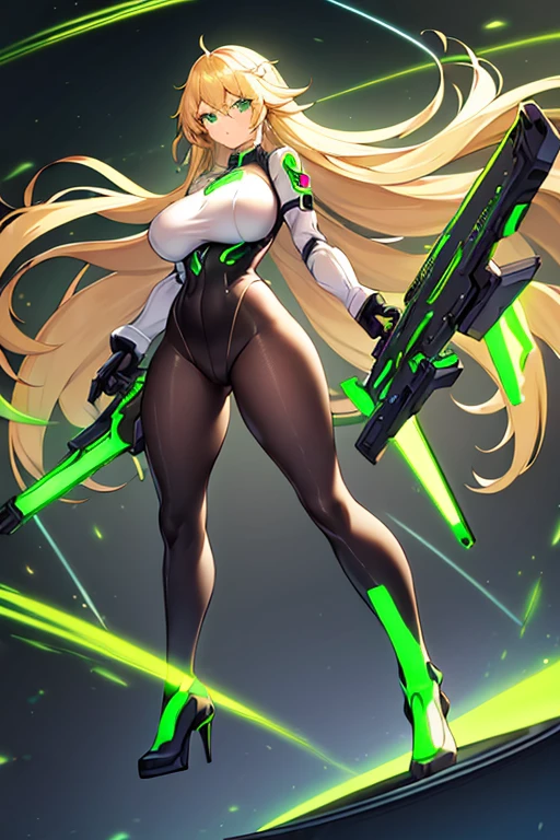 1girl, green eyes, blonde hair, long hair, large breasts, hourglass figure, bodysuit, white bodysuit, neon, neon trim, machinery, tech, science-fiction, futuristic, serious, standing, full body, ((full body)),, pantyhose, black pantyhose, wavy hair, fighting stance, drone, robot girl, gun