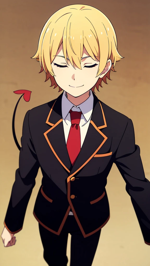 1boy,18s,short hair,blonde hair,smile,closed eyes.(no background, simple background),red necktie,black jacket, blazer,long sleeves,pants,upper body,walking,demonic third eye