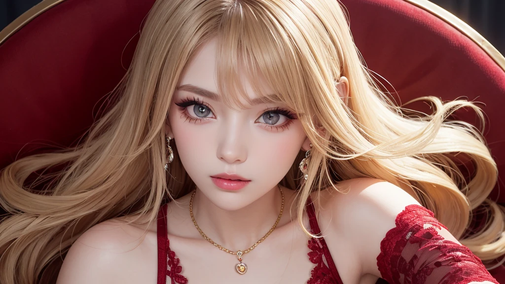 (Fine grain,Long eyelashes,Bright and colorful iris,Expressive eyebrows,Blend eyeshadow perfectly,Eyes sparkling,Reflective eyeball),(Blonde 1。3 Lots of hair 1。3 Delicate Hair 1。2),(Floral transparent stockings:1.4,),Red sexy openwork lace dress,Close-up shot