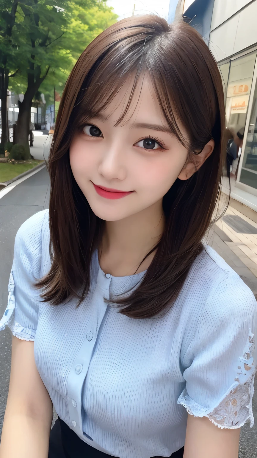 masterpiece, best quality, illustration, ultra-detailed, finely detailed, high resolution, 8K wallpaper, perfect dynamic composition, beautiful detailed eyes, summer blouse setup clothes, medium hair, small breasts, natural color lips, bold sexy poses, smile, Harajuku, 18 years old girl, cute, sexy shot, looking at camera