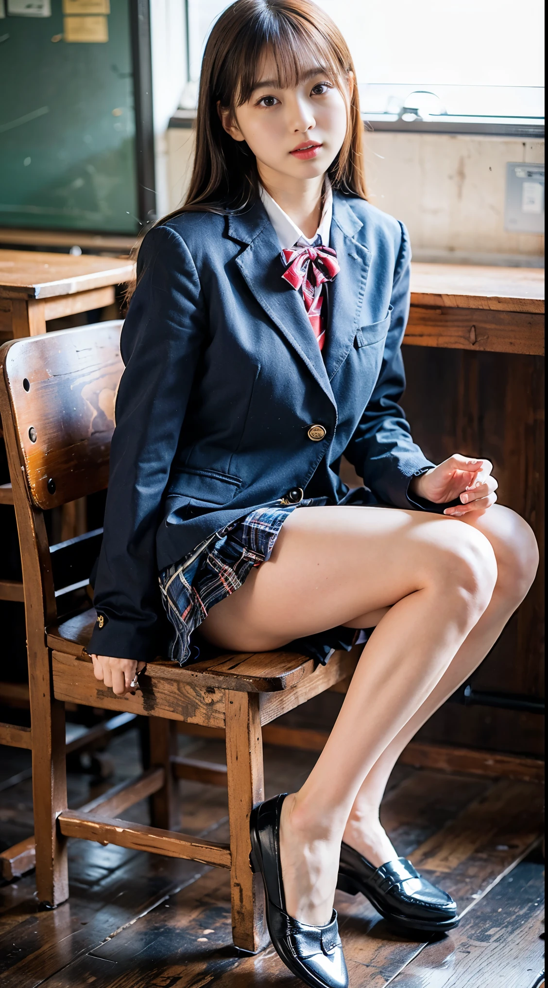 (8K、RAW Photos、Highest quality、masterpiece:1.2)、(Realistic、Photorealistic)、1 Girl、((Check mini skirt、Loafer Uniform、blazer、Big Breasts、classroom、I sat on a chair、Viewed from the front、Stand with your feet apart、))、Lots of eyelashes、Add shine to your eyelids、skeletally correct、Show off your panties、((Open your legs to the side:1.6))、Panty Shot、sexy、Showing off panties、Show off your panties