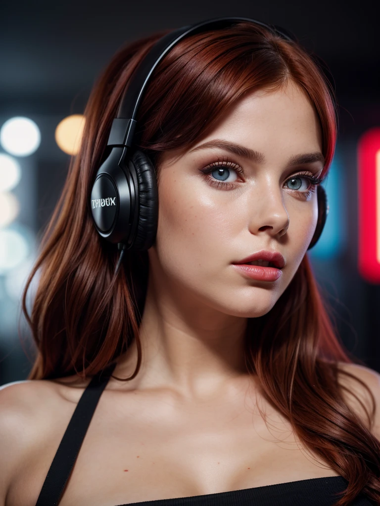 foreground, perfect face of a brunette woman with red hair, perfect face with heterochromia and big eyes ,bright red party thick lips wearing black headphones, The camera should only focus on his face and his innocent look., on a dark background, High quality image, very sharp, realistic and detailed cinematic scene