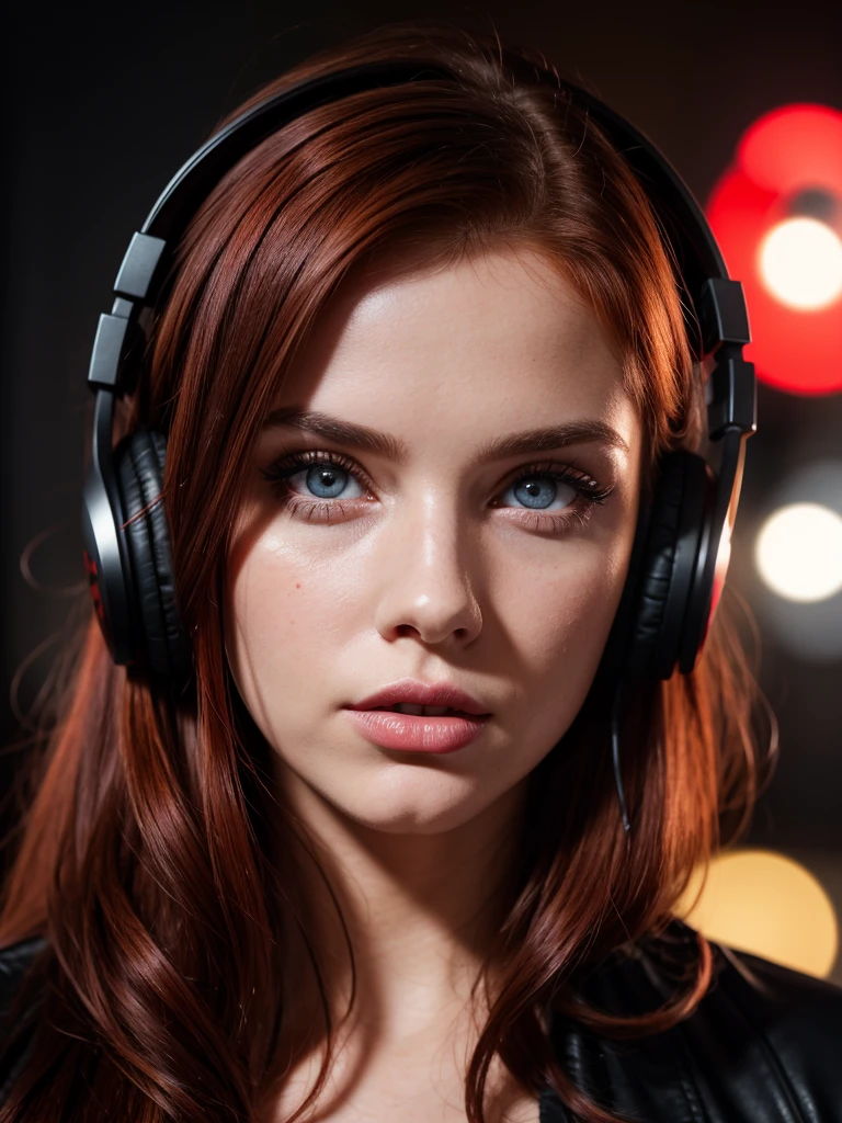 foreground, perfect face of a brunette woman with red hair, perfect face with heterochromia and big eyes ,bright red party thick lips wearing black headphones, The camera should only focus on his face and his innocent look., on a dark background, High quality image, very sharp, realistic and detailed cinematic scene