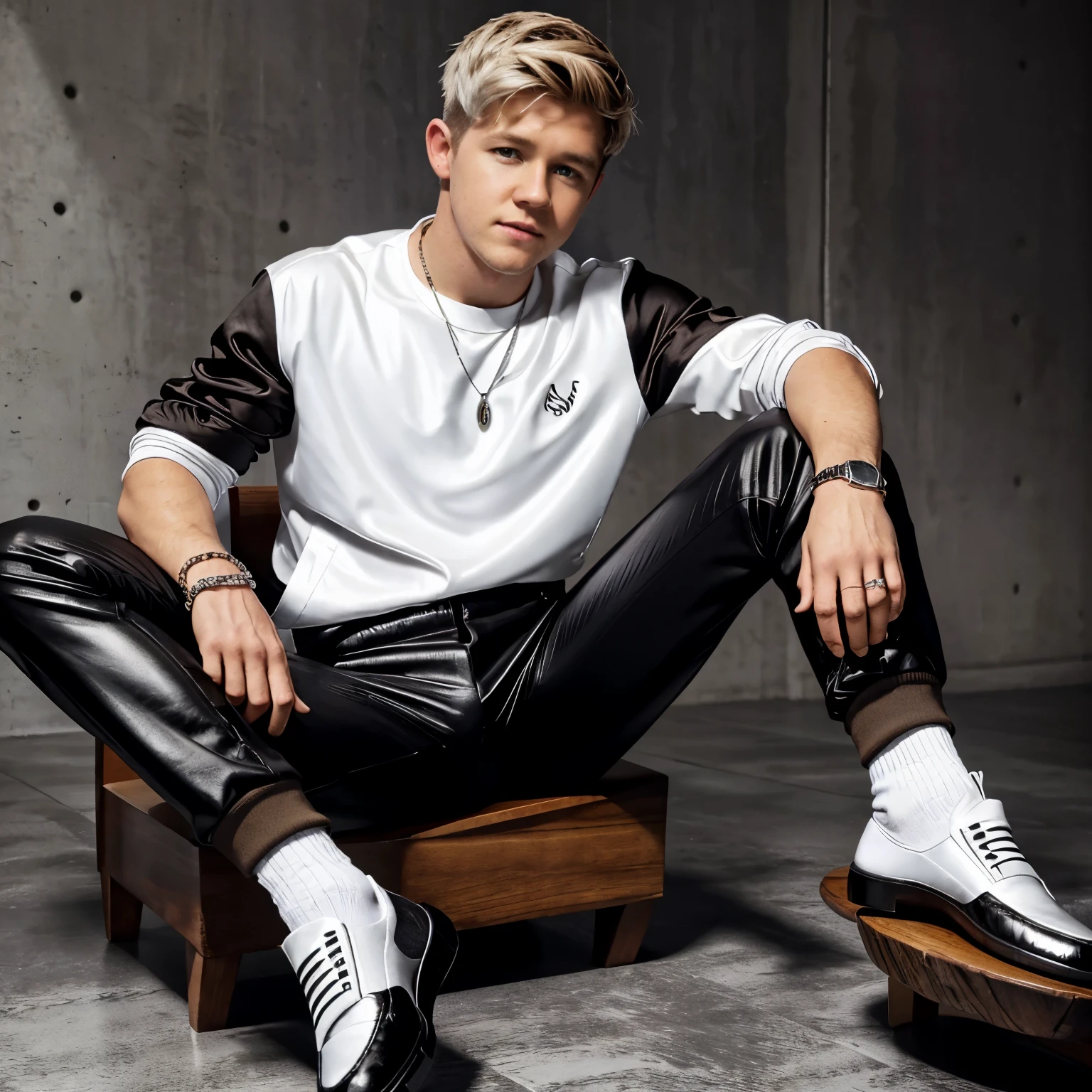 full view full body, black and white photo, white male actor Niall Horan with fashion brown undercut haircut wearing dark satin shiny bomber jacket, black large pants, white socks and black and white preppy penny loafers, white t-shirt, silver necklace, bracelets rings, He is sitting on a wooden chair, he looks mischievously