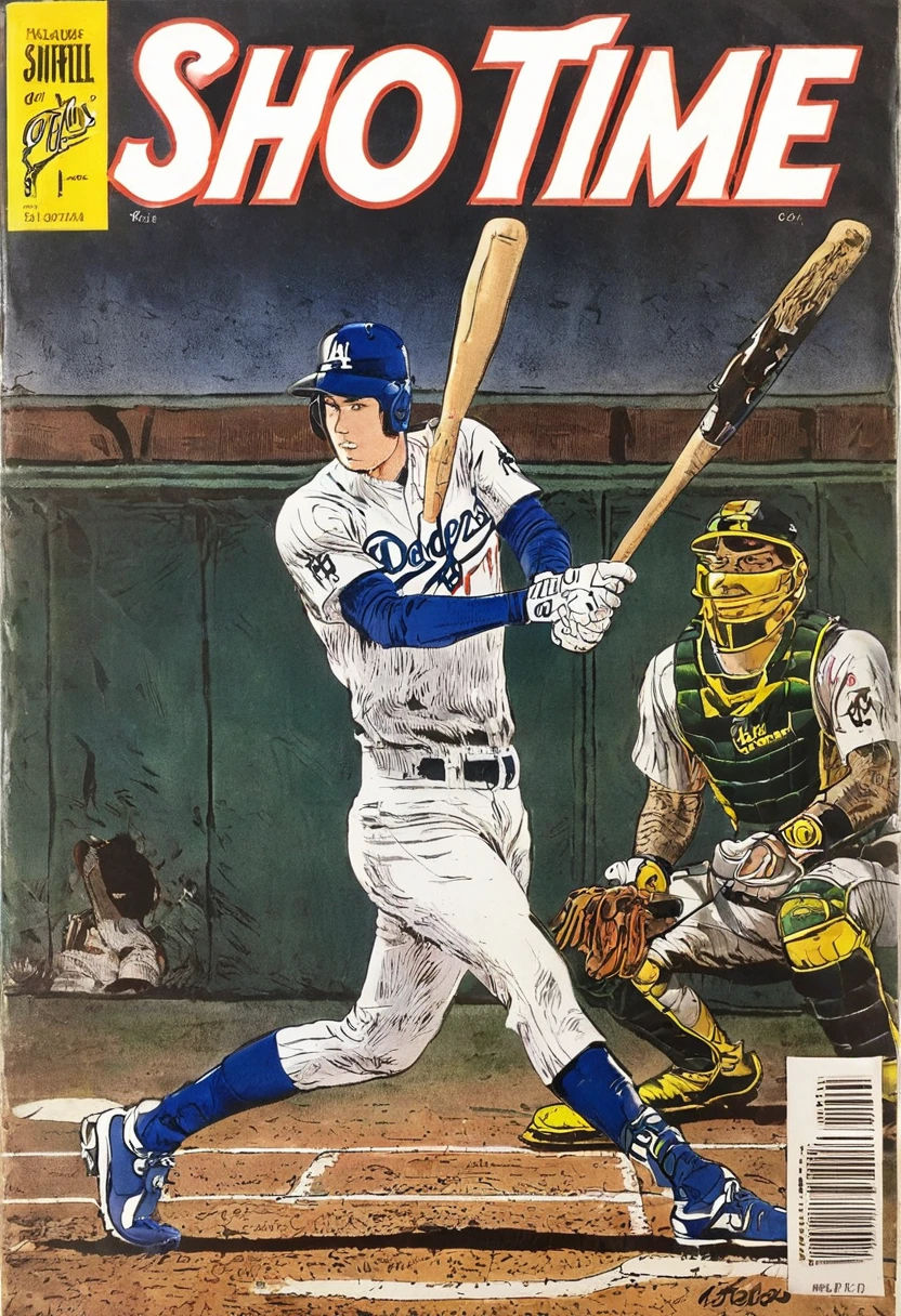 Shohei Ohtani、Left bat、Dodgers、batting stance、Vintage comic book with title text: "SHO TIME"