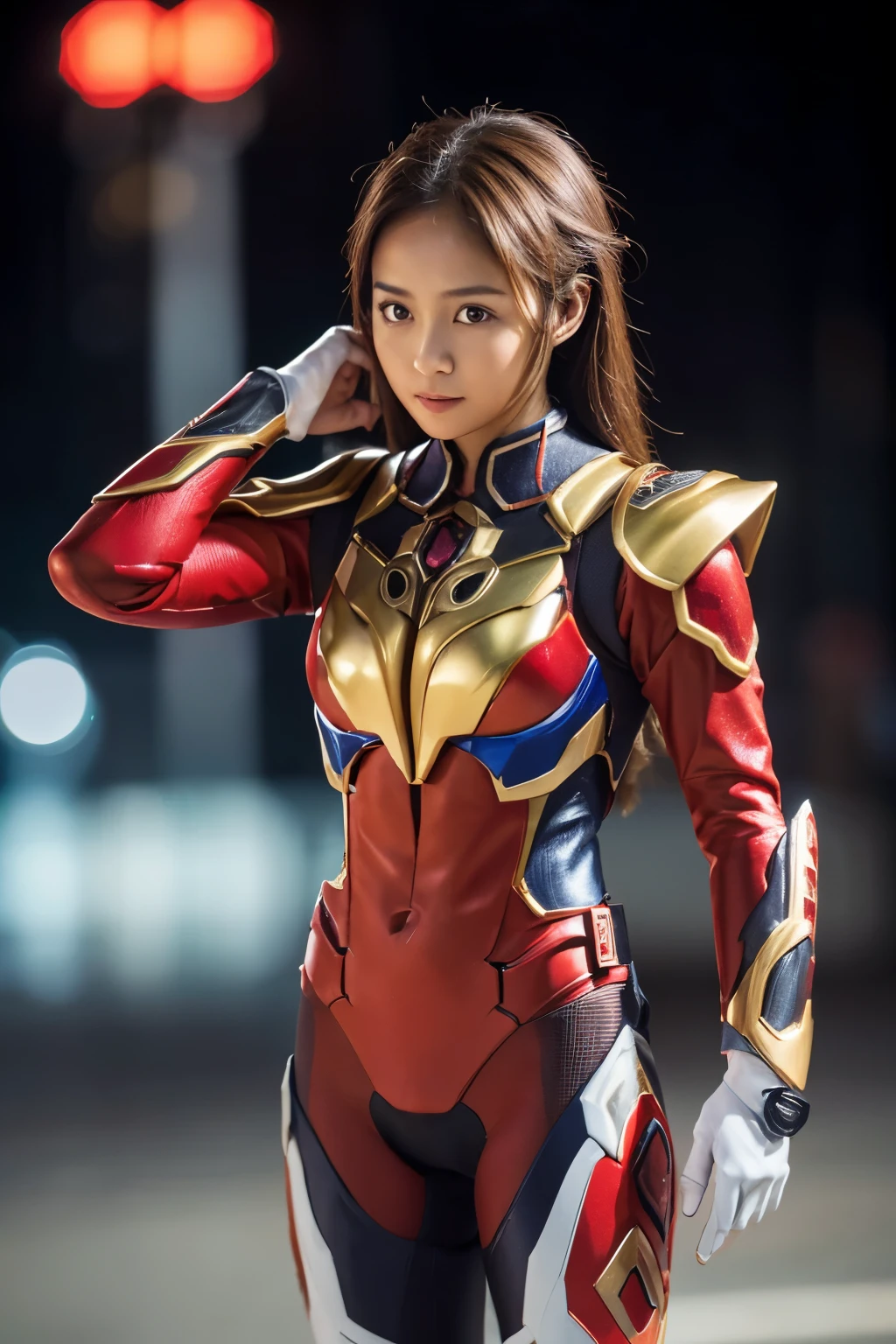 javanese girl , modern brown hair, shy, medium portrait shot , watery eyes , glowing particles, wear Red Kamen Rider Valkry Flexible Suit, toll road full body bokeh background, proportional body