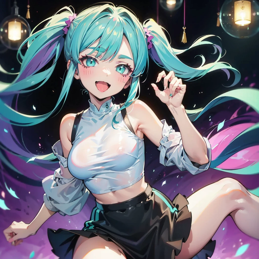 Anime Moe Art Style,highest quality,High resolution,Anatomically correct,One Girl,-teegirl with light blue hair in pigtails,Super detailed,Off-the-shoulder crop top,mini skirt,Big Breasts,A rich expression,Bright smile,Laughing with your mouth open,Eyes drawn in detail,8K