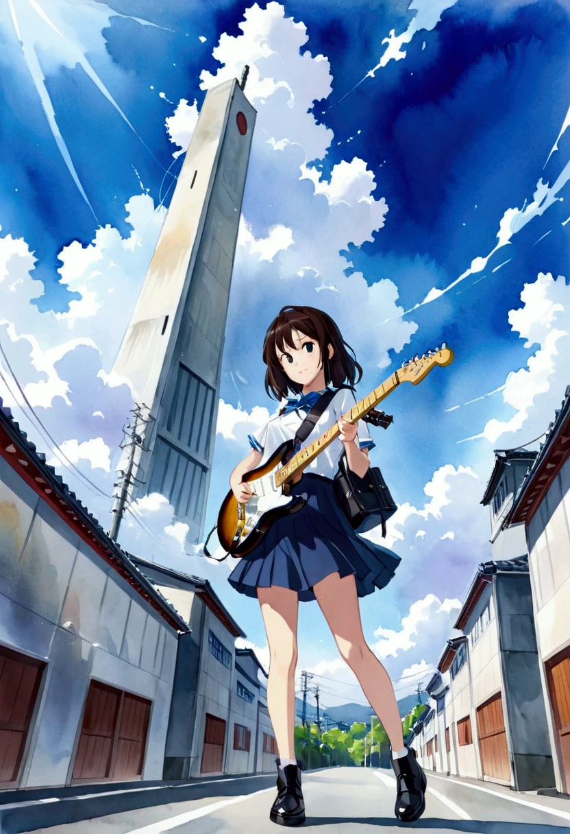 a kinda nerd girl with glasses, playing a black 'fernandez dragonfly' guitar, high detail, the dress will be black oversized t shirt, demin pants, a black choker, black sneakers, wearing a ac-dc wristband, there will be a guitar pick locket, will have a wavy black medium hair with brown highlights, high details