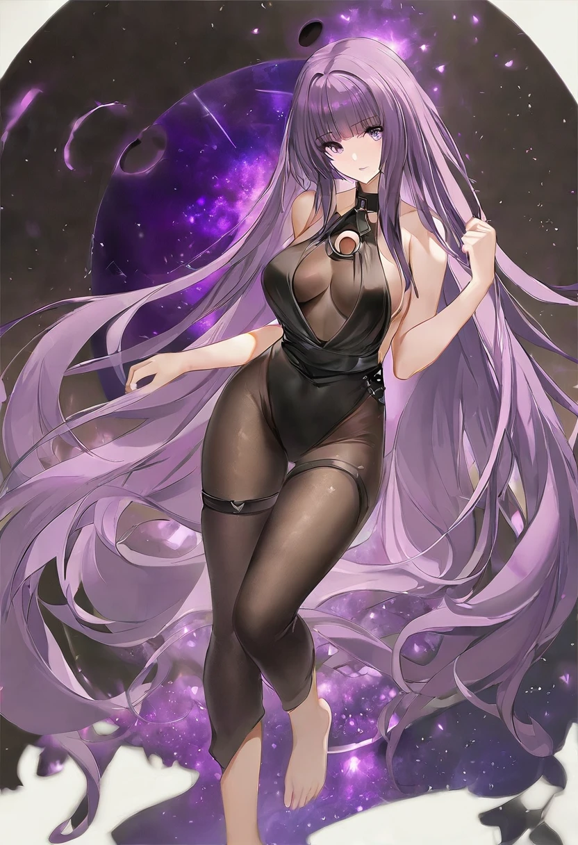 Athena,Purple one-way slightly messy long hair,Purple Eyes,Black one-piece dress,But the jumpsuit is sexy,barefoot,A black hole in the universe,Purple and black black hole,Draw a good look,Normal body proportions