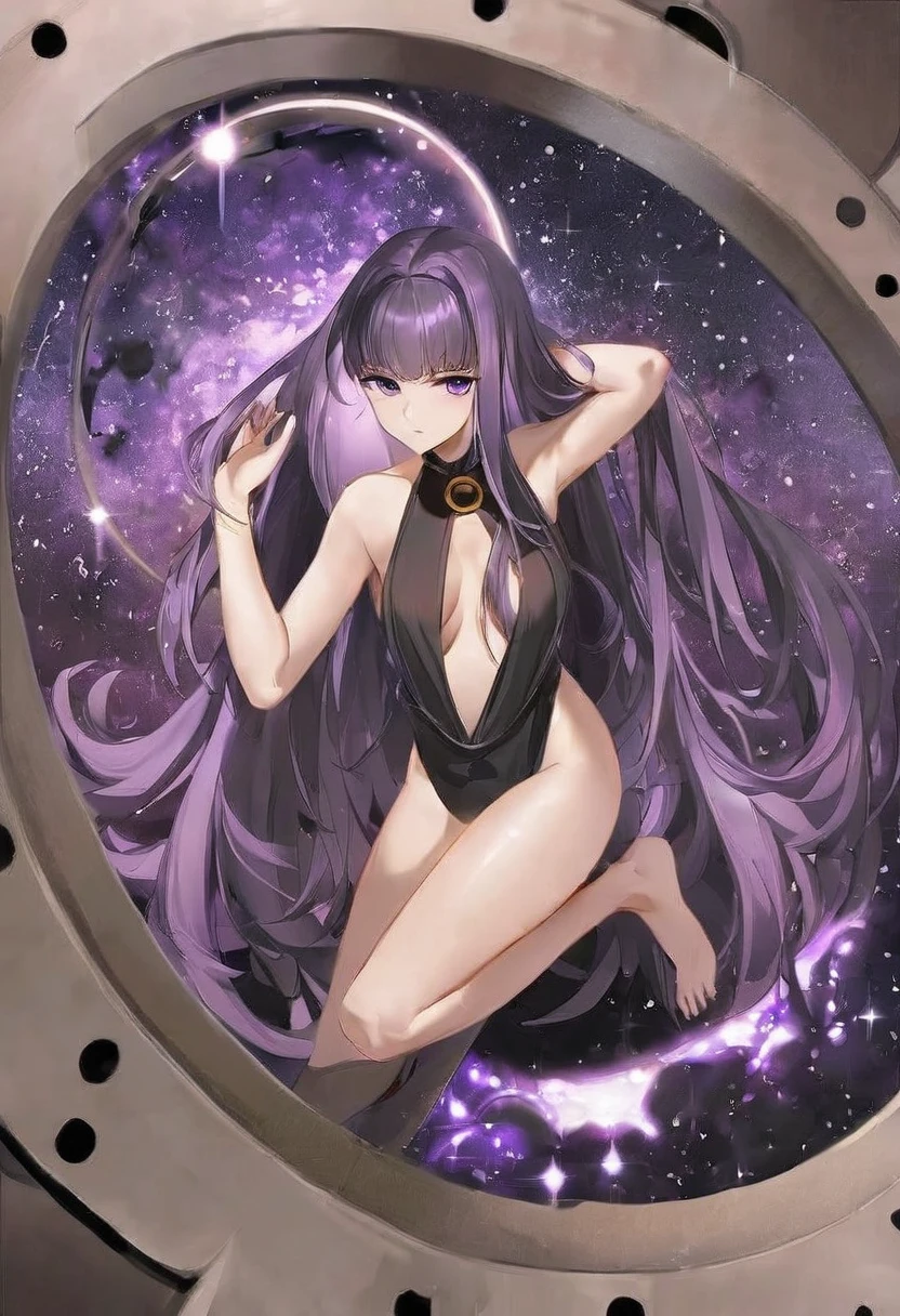 Athena,Purple one-way slightly messy long hair,Purple Eyes,Black one-piece dress,But the jumpsuit is sexy,barefoot,A black hole in the universe,Purple and black black hole,Draw a good look,Normal body proportions
