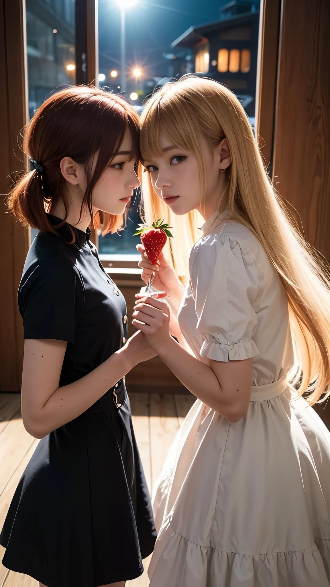 (Natural strawberry blonde and redhead girls with pretty faces), Cute pose, wearing a button dress, Atmospheric, Dark atmosphere, Edge lighting, Sayaka Yamamoto, Saito Asuka, Mao Akiyama&#39;s facial features, 8K, Full 体 portrait, Elegant outfit, Natural light, Spooky greenhouse at night, Sharp focus, (Highly detailed eyes and face:1.2, Professional photography techniques), (Beautiful small face, beautiful girl, high school student, Idol Face, Baby Face:1.4), smile, Happy, K UHD, Hmph, Beautiful and soft skin, Vibrant Skin, blush, (Chirarizum:1.3, Unbutton the dress:1.5), ((Beautiful breasts:1.2, Cleavage)), (Small beautiful butt), (Detailed hands:1.1, The optimal ratio is four fingers to one thumb), Perfect proportions, (Perfect Anatomy:1.3), (Highest quality, Masterpiece, Highest quality, Ultra high definition, Photorealism:1.4), ((Touching each other's breasts:1.4))