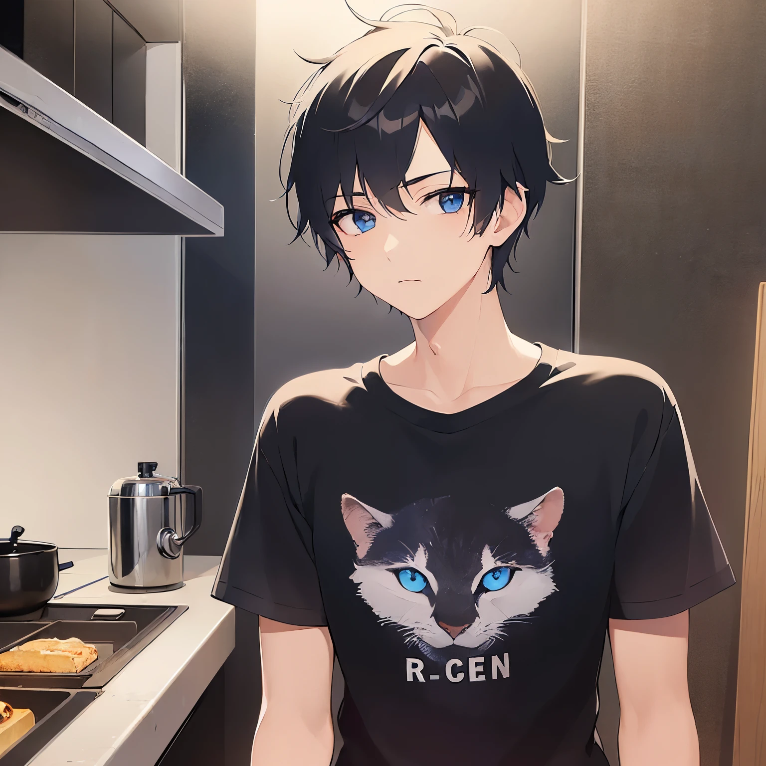 (25-year-old male:1.5) and (Black short hair) and (blue eyes)
(black) and (T-Shirts)、(looking at viewer:1.3),upper body,Side shot、
shiny skin, masterpiece、Highest quality、
The background is the kitchen at night、frown、(alone:1.2)