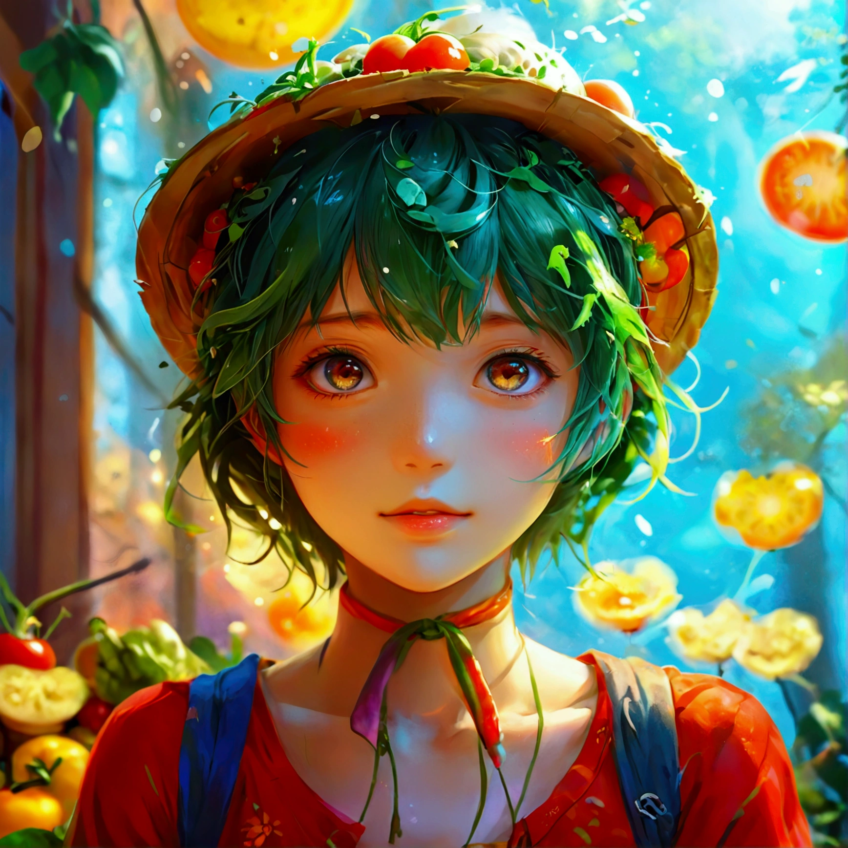Create an illustration that meets the following conditions:。 -Create icons with vegetable circles -Realistic anime style - Heartwarming characters - Fantasy background - Humanity is the theme
