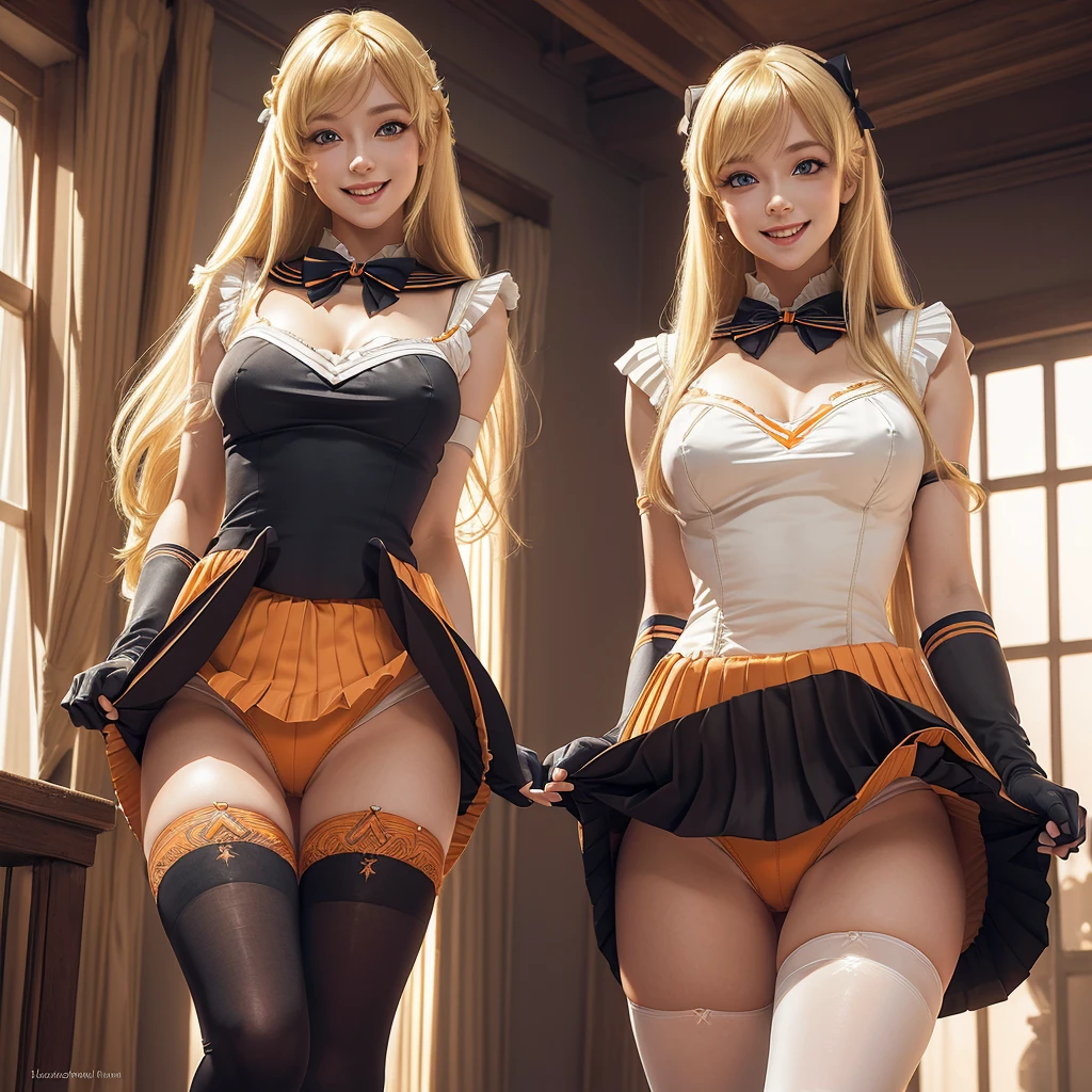 Beautiful 3 girl, full body shot, (blonde hair, straight blonde hair: 1.28), clear skin, (beautiful face and hair), pale skin, medium breasts, cleavage, (thin hips, thin waist , athletic body: 1.25), (stockings), detailed skin, smile open mouth), black and silver and orange color scheme, highly detailed)), 8k textures, soft light, elegant, highly detailed, sharp focus, soothing tones, hyperdetailed, low contrast, hdr, faded, bed, ((sailor venus cosplay, long gloves, jewelry, make-up, glowing red eyes, smile, open mouth, pleated skirt, Bosque, leotard, pleated skirt, bow on chest, knee high stockings)) realistic, side by side, skirtlift by self