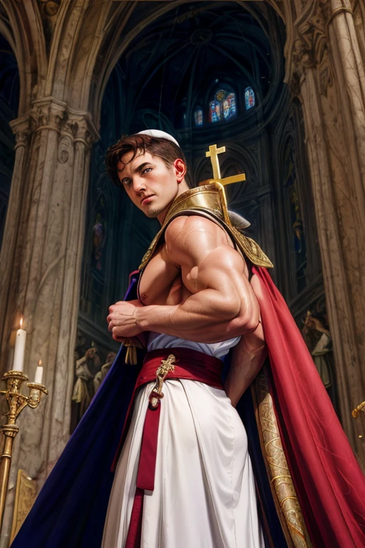 looking back, DariusFerdynand wearing well-fitted sleeveless red and white sheer tight Roman-Catholic-pope robe-armor, looking at viewer, peaceful and righteous expression, dynamic pose BREAK St. Peter's Basilica, Vatican, BREAK heroic, religious motifs, Chiaroscuro, Renaissance art, ecclesiastical power, BREAK realistic, cinematic, best quality, detailed background, depth of field, intricate details