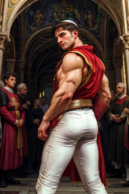 looking back, DariusFerdynand wearing well-fitted sleeveless red and white sheer tight Roman-Catholic-pope robe-armor, looking at viewer, peaceful and righteous expression, dynamic pose BREAK St. Peter's Basilica, Vatican, BREAK heroic, religious motifs, Chiaroscuro, Renaissance art, ecclesiastical power, BREAK realistic, cinematic, best quality, detailed background, depth of field, intricate details