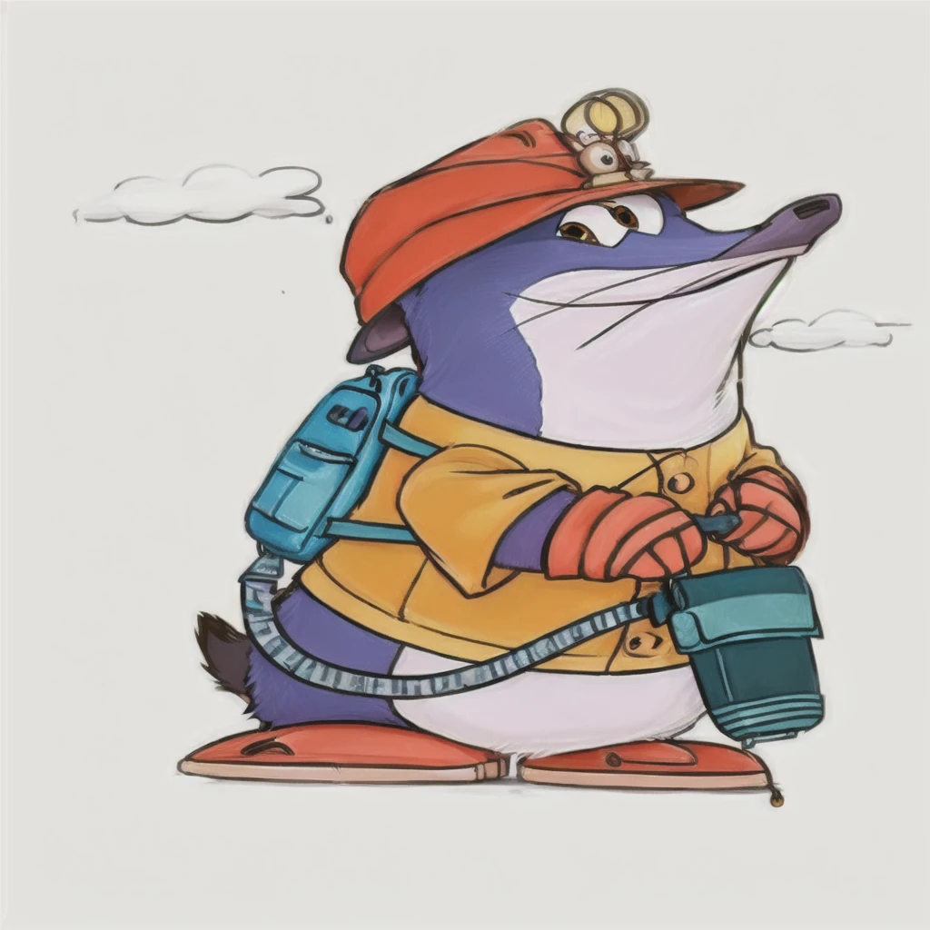 One with a hat、Penguin cartoon character with backpack, pepe the miner, smokie, dusty, Anthropomorphic penguins, production animation cel, Freeman, Hannah shaves, Cartoon Character, an Anthropomorphic mouse, Dress up as a scavenger, mecha Anthropomorphic penguins, Anthropomorphic mouse, gerald, Anthropomorphic badger