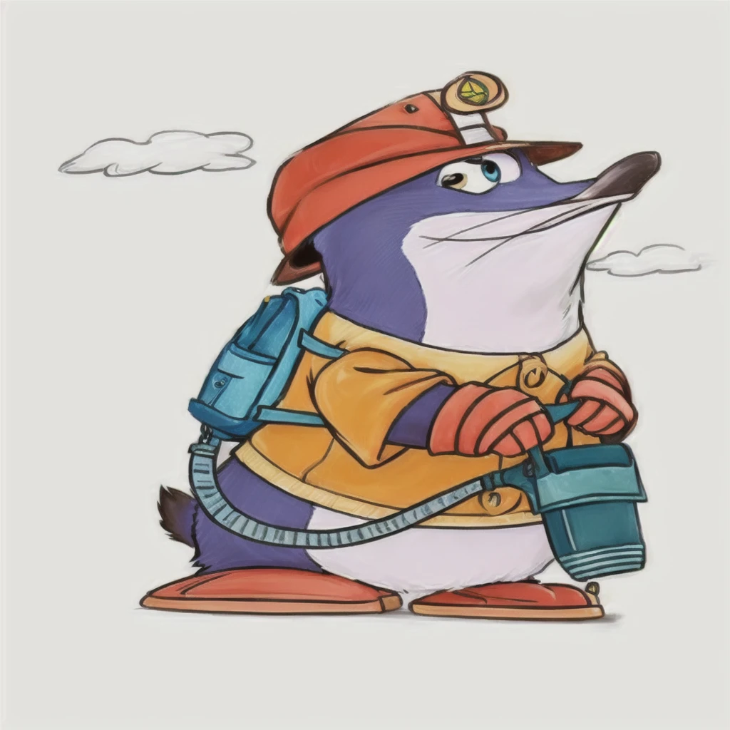 One with a hat、Penguin cartoon character with backpack, pepe the miner, smokie, dusty, Anthropomorphic penguins, production animation cel, Freeman, Hannah shaves, Cartoon Character, an Anthropomorphic mouse, Dress up as a scavenger, mecha Anthropomorphic penguins, Anthropomorphic mouse, gerald, Anthropomorphic badger