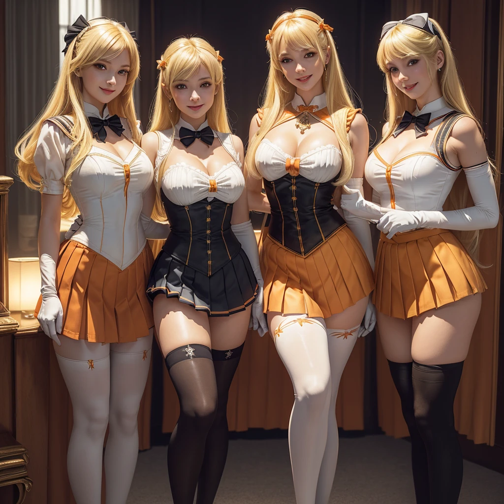 Beautiful 3 girl, full body shot, (blonde hair, straight blonde hair: 1.28), clear skin, (beautiful face and hair), pale skin, medium breasts, cleavage, (thin hips, thin waist , athletic body: 1.25), (stockings), detailed skin, smile open mouth), black and silver and orange color scheme, highly detailed)), 8k textures, soft light, elegant, highly detailed, sharp focus, soothing tones, hyperdetailed, low contrast, hdr, faded, bed, ((sailor venus cosplay, long gloves, jewelry, make-up, glowing red eyes, smile, open mouth, pleated skirt, Bosque, leotard, pleated skirt, bow on chest, knee high stockings)) realistic, side by side, skirtlift by self