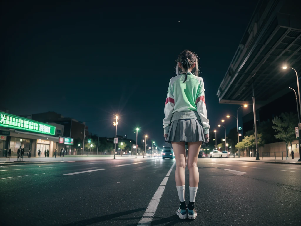City landscape combination of Mexico and Japan modern avenue anime night neon lights, an anime girl in the middle of the street with her back covered with a green flag cardigan sweater, Long gray skirt, high white socks