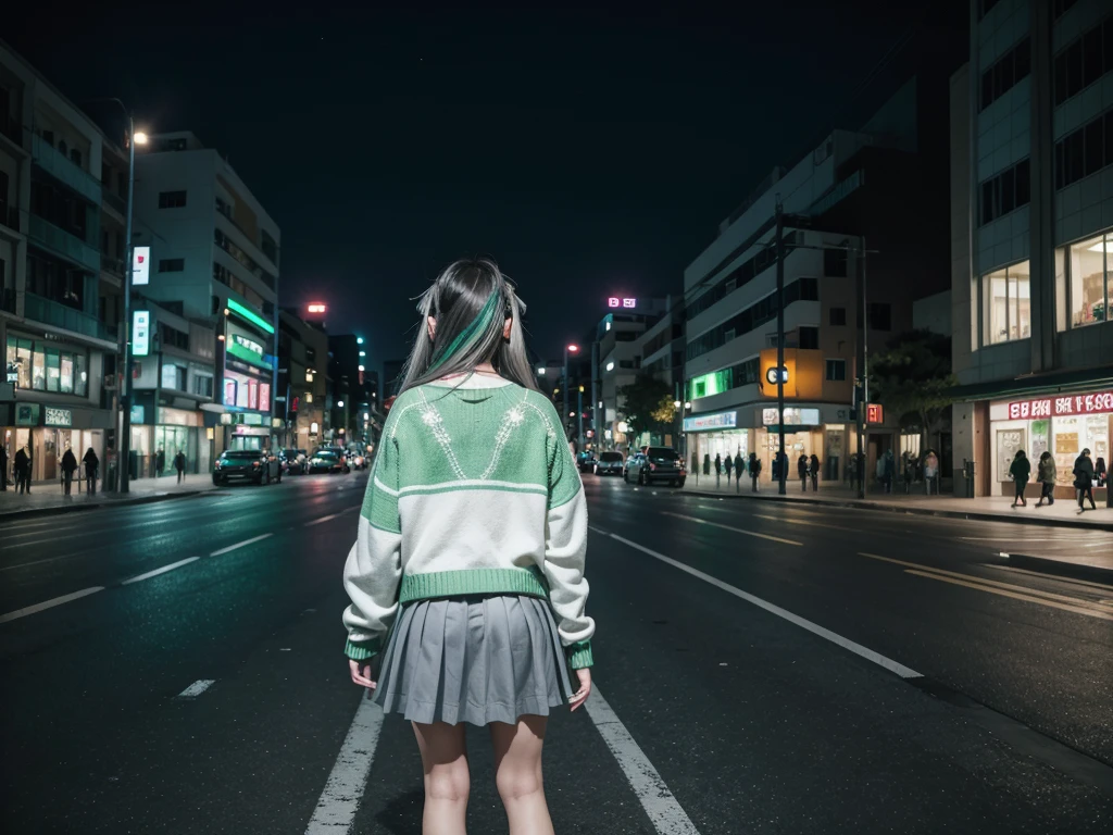 City landscape combination of Mexico and Japan modern avenue anime night neon lights, an anime girl in the middle of the street with her back covered with a green flag cardigan sweater, Long gray skirt, high white socks