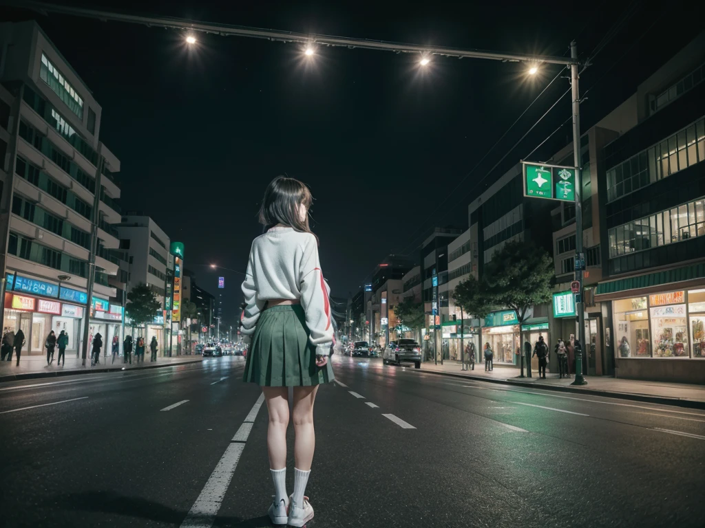 City landscape combination of Mexico and Japan modern avenue anime night neon lights, an anime girl in the middle of the street with her back covered with a green flag cardigan sweater, Long gray skirt, high white socks