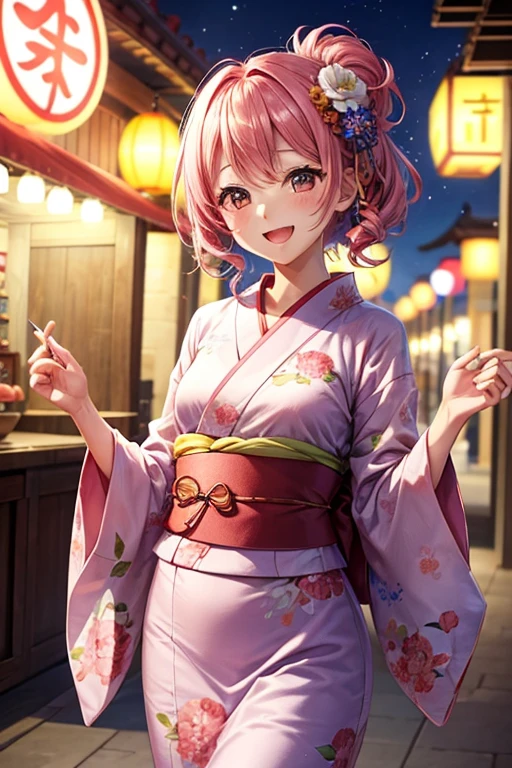 A woman wearing a yukata,hair_pink,Medium Hair,お団子のhair型,hair飾り,巻きhair,pinkの目,pinkの浴衣_Floral,laughing,Mouth wide open,A very happy smile,Happy look,I have apple candy,Summer festival,firework,blush,Small ,,clear,,flat chest