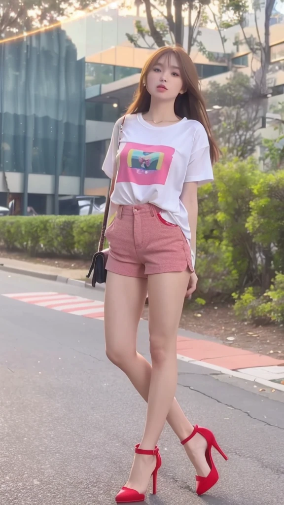 Children 13 years old、1 Beautiful girl、So cute、very short jeans、Eating a big hamburger、Slim and beautiful bare feet、White sneakers