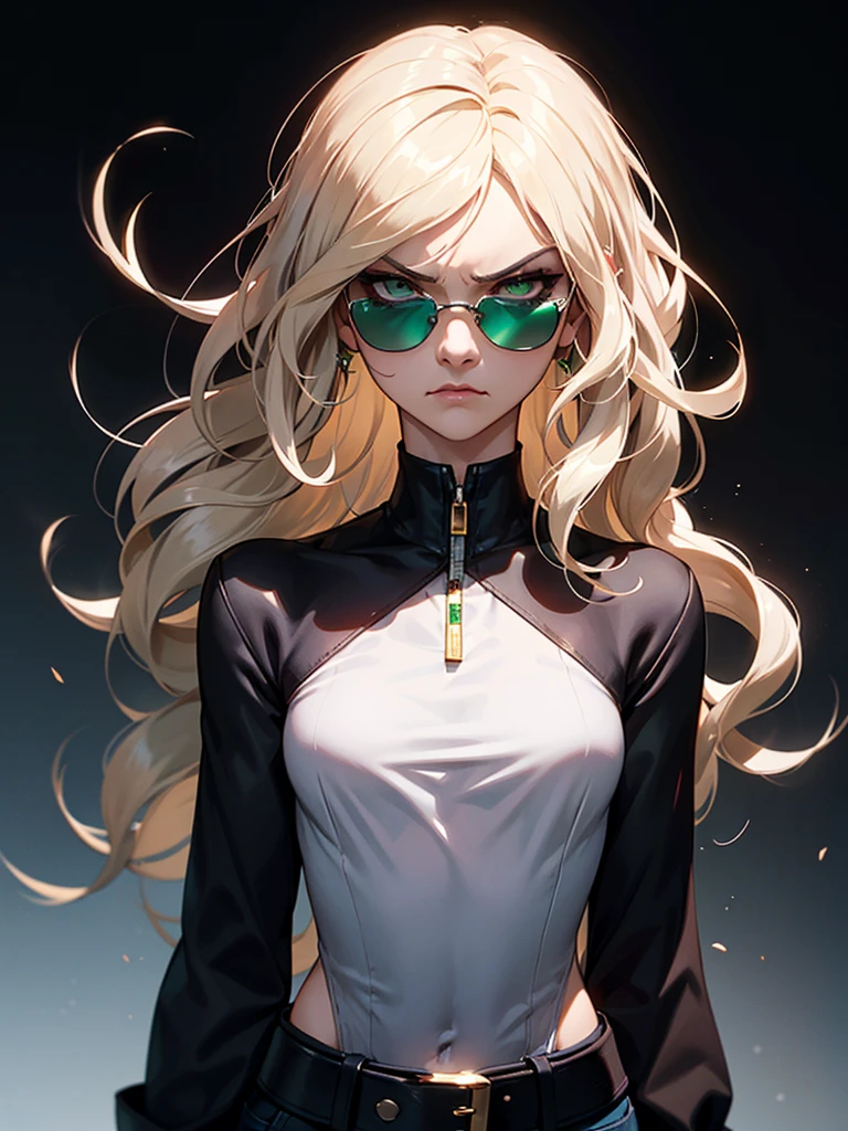 ((Half Body Photo)), She has a Childish Platinum Blonde-Haired Appearance, with a Small and Slim Build, and a Demeanor. She has Striking Emerald Eyes, and Expresses a Serious and Defiant Look, Giving Off a Grumpy Attitude. Her Hair is Short and Wavy, Platinum Gradient, with Strands Falling Over Her Face. She Wears a High-Fashion Shirt, Accompanied by Fashion Sunglasses. ((Half Body Photo, Dark Background))