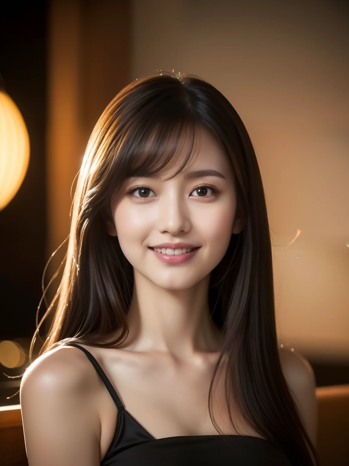 ((best quality, 8K, masterpiece: 1.3)), beautiful woman, pure, melon face, kind and cute, sweet smile, pure desire, slender body, (tilted head), ((looking at camera)), pure desire, Wearing a transparent purple color short dress, black silky long hair, long flowing shoulders, round black big eyes, clear big eyes, moist red lips, sweet, sitting in a lounge decorated with cafe background, 28 years old, ((chest to head shot)), ((Random body direction)),