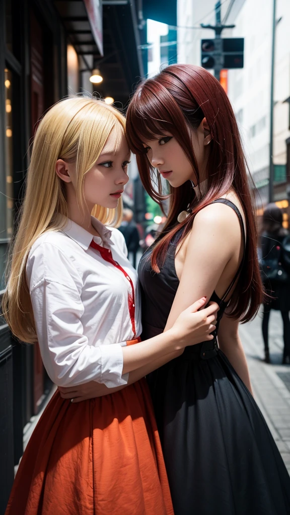 (Natural blonde and redhead girls with pretty faces), Cute pose, wearing a button dress, Atmospheric, Dark atmosphere, Edge lighting, Sayaka Yamamoto, Saito Asuka, Mao Akiyama's facial features, 8K, Full 体 portrait, ((Almost nude costume:1.4)), Natural light, Spooky greenhouse at night, Sharp focus, (Highly detailed eyes and face:1.1, Professional photography techniques), (Beautiful small face, beautiful girl, high , Idol Face, Baby Face:1.4)Happy, K UHD, Hmph, Beautiful and soft skin, Vibrant Skin, blush, ((Beautiful breasts:1.2, Cleavage)), (Small beautiful butt), (Detailed hands and arms:1.2, The optimal ratio is four fingers to one thumb), Perfect proportions, (Perfect Anatomy:1.3), (Highest quality, Masterpiece, Highest quality, Ultra high definition, Photorealism:1.4), ((Kiss each other:1.4))