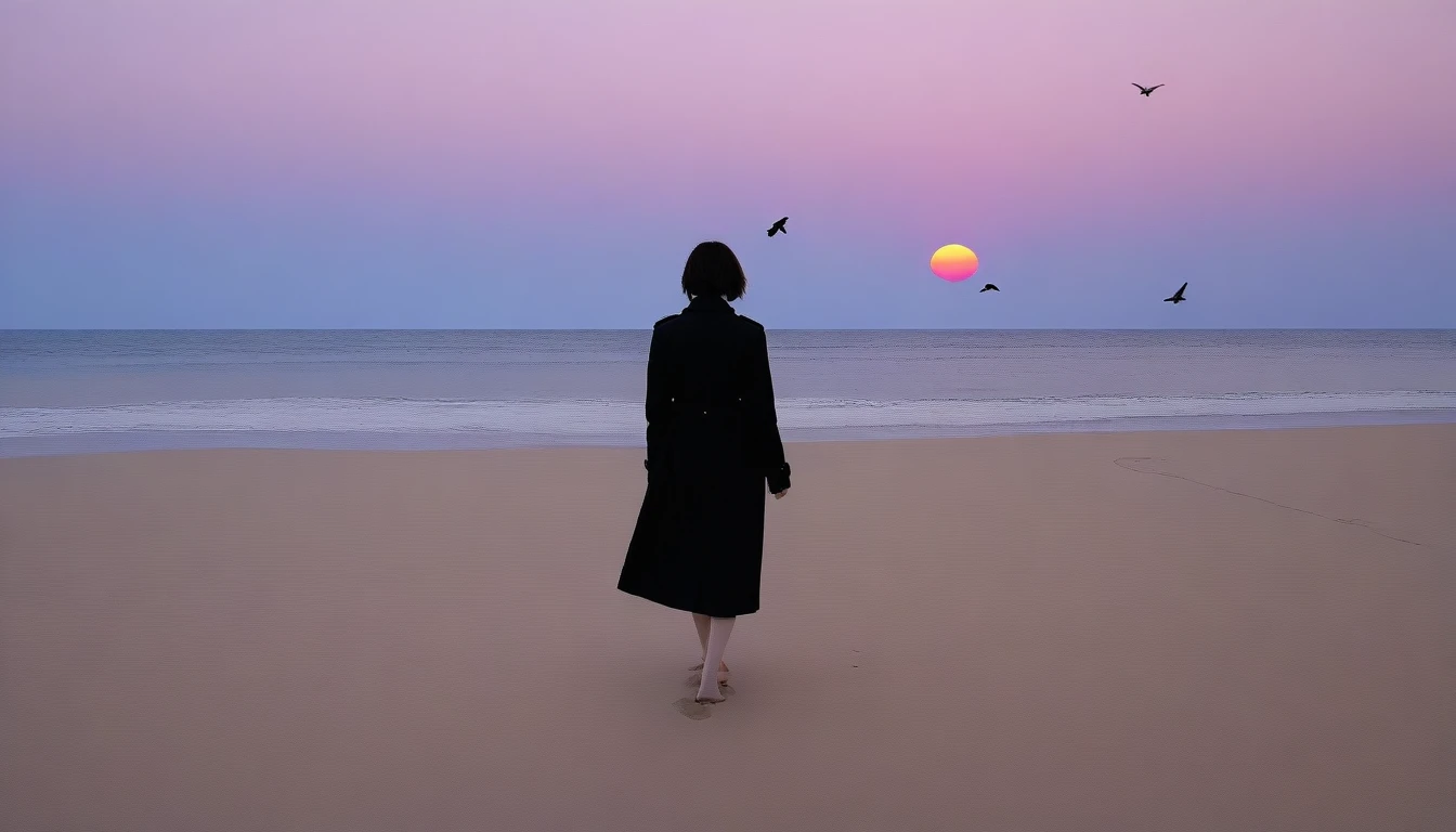 8K, Vivid picture quality, long deserted beach, woman walking from afar, short hair that covers the neck, , Black trench coat, red light of sunset, sunset, alone, afternoon, depressed, birds가 밀려온다, ocean, birds, wind, short korean girl, 잔잔한 birds, bare foot, bare foo