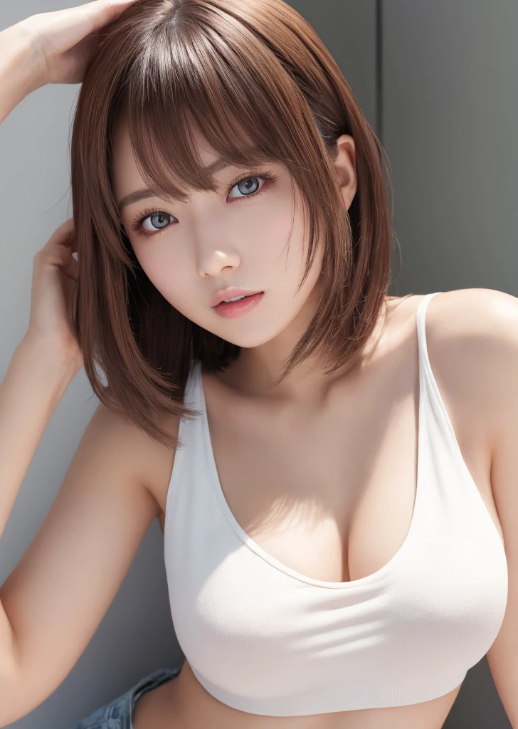 Photoreal、Masseter muscle part、highest quality、High resolution、Raw photo、realistic、bright lighting、face light、smooth professional lighting、japanese women、Beautiful woman、modeled、gravure、Sexy、super beautiful、realisticで美しい肌、beautiful and detailed eyes、detailed face、slim、medium big breasts、short hair、brunette colored hair、brown eyes、looking at camera、white tank top、shorts、pose for a photo