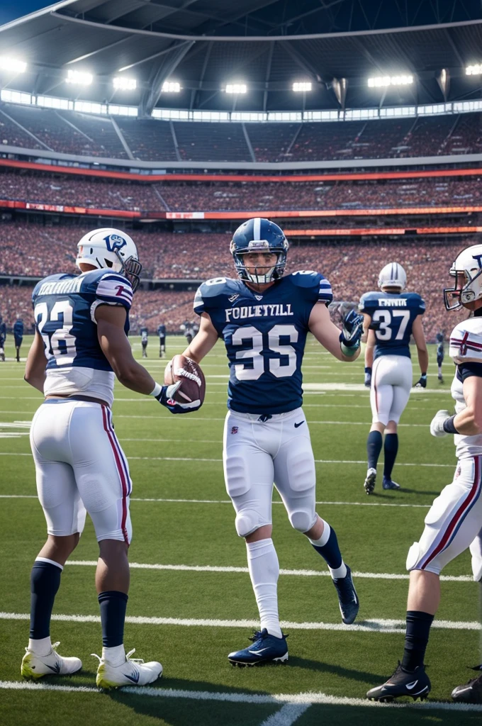 Football stadium with several football players celebrating