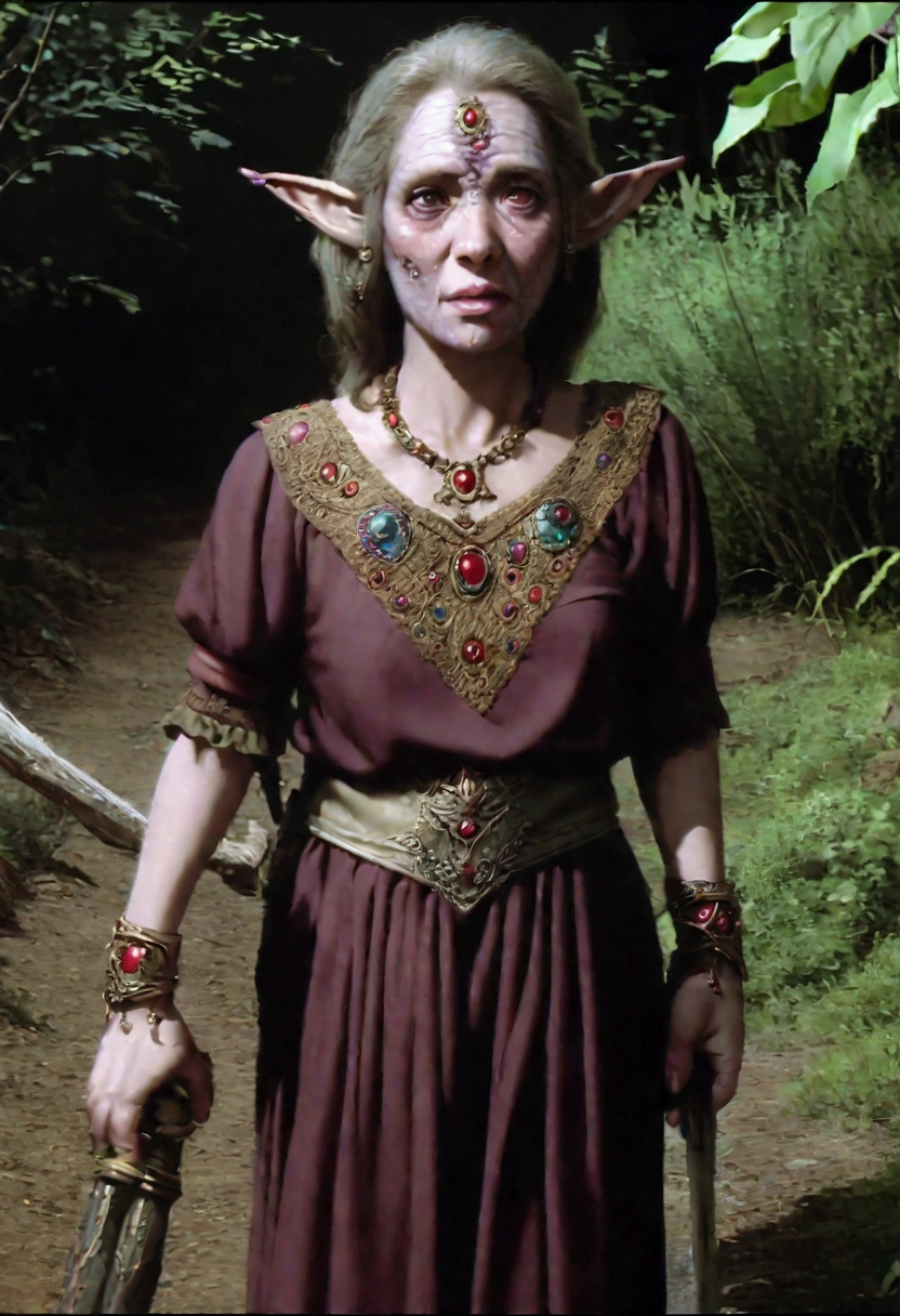 elf with poor clothes, RPG, dvd screenshot, 1980s cinema, dark fantasy, realistic, detailed, body horror, horror cosmic