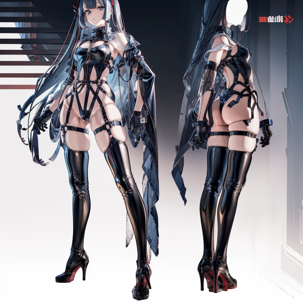 (((full body photo))), red blue and white color, femboy wearing a lightly armored jumpsuit, science fiction themes, chest armor, Gundam, best quality, official art, Sketch line diagram, blue eye, front view, view rear, and side view of the character, Long hair