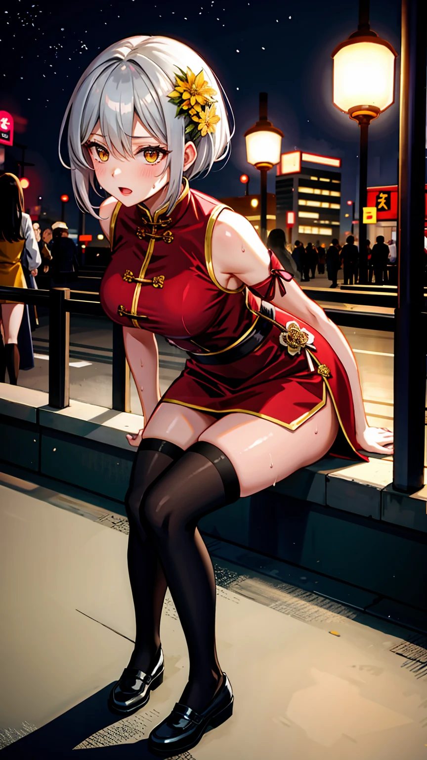 young girl 16 years old, short silver bob hair, hair flower, sharp bangs between the eyes, yellow  eyes, eyes large, provocative look, obscene expression, notable physical features, traditional chinese imperial clothes black with gold details, red skirt, black thigh high socks., half-sided angle, crouched in the street. japanese city, outdoor city, city at night, with full moon in the background, light reflecting on the sexy and sweaty body. (((sweat))) (work of art:1.2,) (best qualityer.)