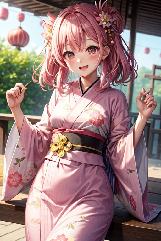 A woman wearing a yukata,hair_pink,Medium Hair,1つのお団子のhair型,hair飾り,巻きhair,pinkの目,pinkの浴衣_Floral,laughing,Mouth wide open,A very happy smile,Happy look,I have apple candy,Summer festival,blush,Small ,,clear,,flat chest