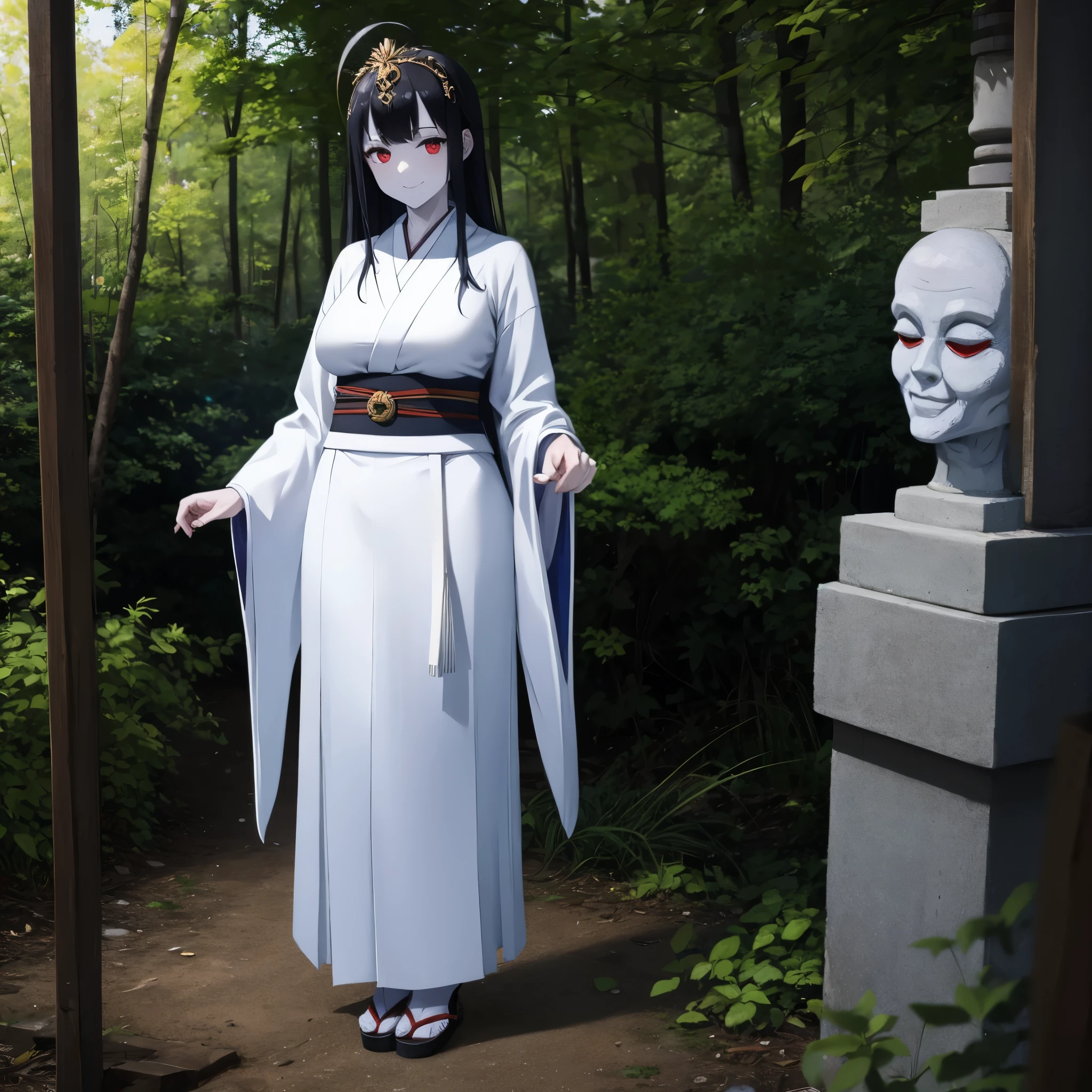 A woman wearing an old white kimono with a dark style, white skin, completely white skin, bright red eyes, wearing an Okamê Mask, Japanese folk style, mask on the forehead, dark Japanese aesthetics, big breasts, smiling, black hair, long hair, ahoge no hair, full body, on a shady lawn, standing, fog, obscure place, darkened place, horror aesthetic,.HDR, ultra resolution, well defined, masterpiece, 8K HD. (solo woman)
