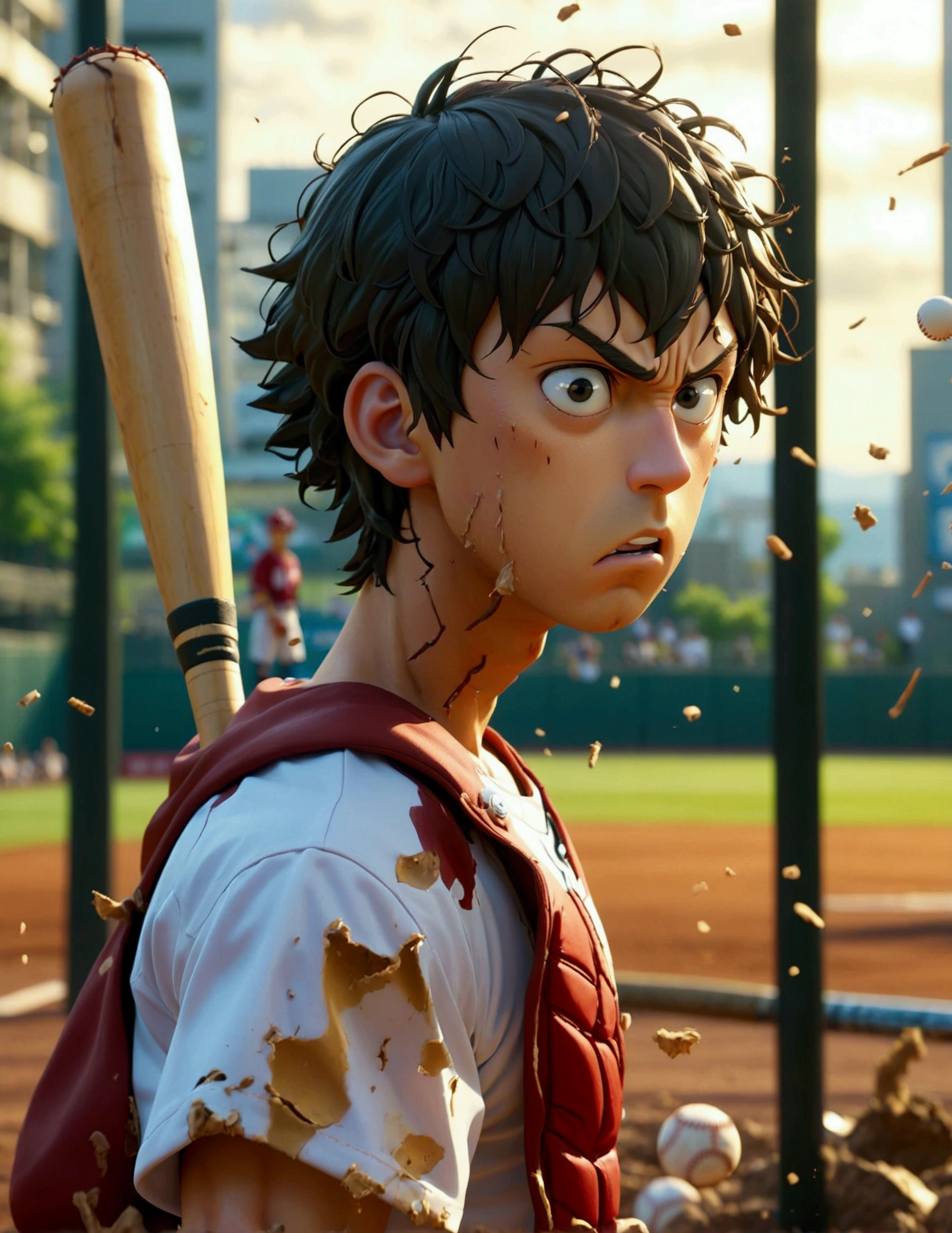 Saitama, One Punch Man, Saitama, dressed in a baseball player outfit looking stunned and confused, badly damaged baseball bat in his hand, exploded baseball remains fall to the ground