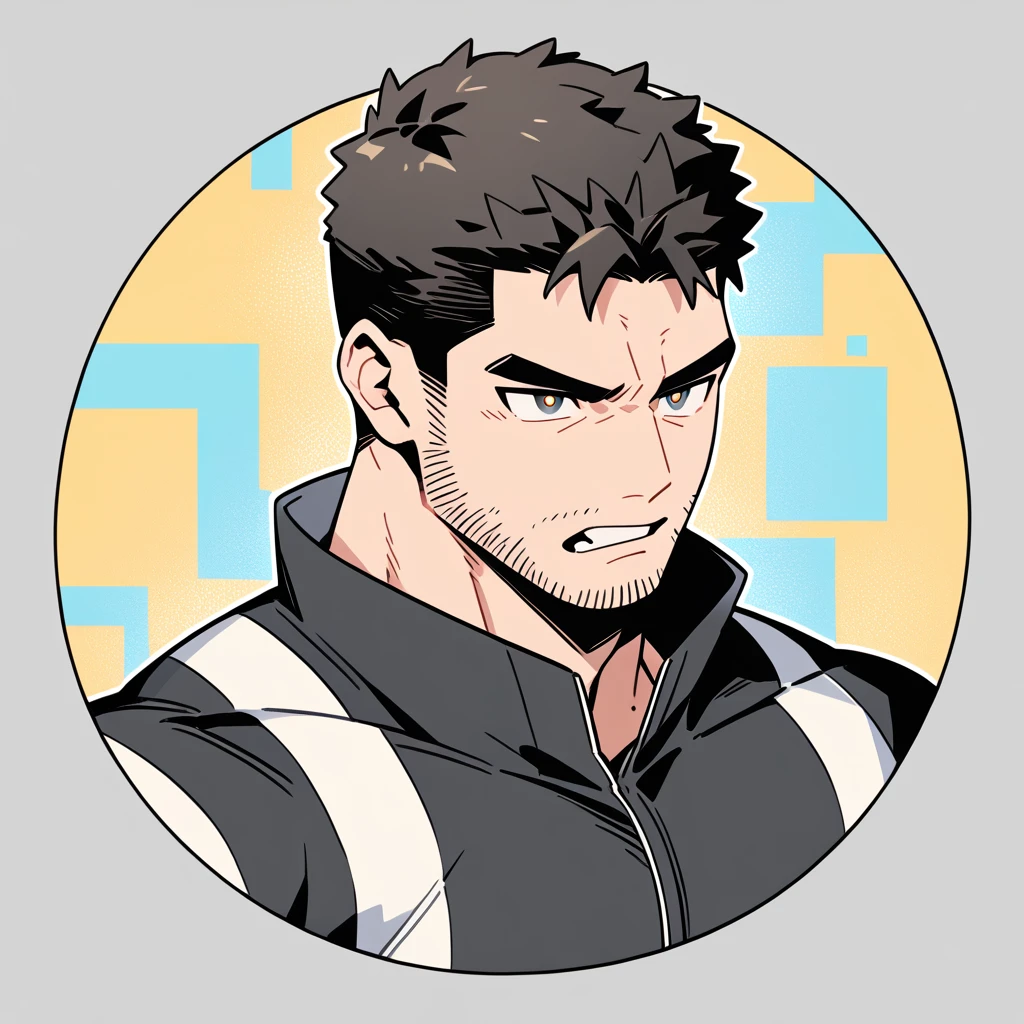 anime characters:Chris Redfield, Muscle Sports Student, Buzz Cut, Manliness, male focus, Dark black Yellow high collar long sleeve tight T-shirt, Very tight, full and perky chest muscles, muscular male, muscular, only, Upper body, alone, Black short hair, Thick eyebrows, stubble, Brown-red pupils, Grey background, simple background, amazing quality, best aesthetics, Ridiculous, parted lips, v-shaped eyebrows, scowl, disdain, best quality