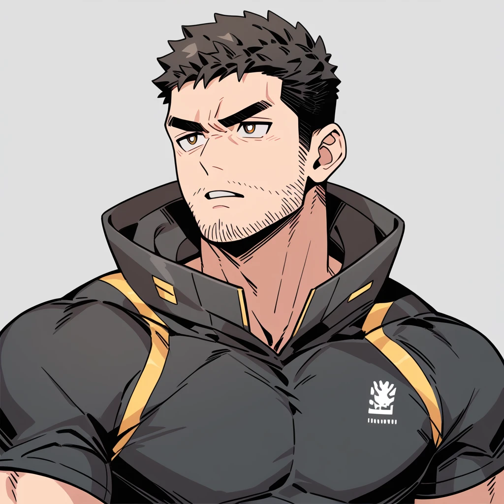 anime characters：Chris Redfield, Muscle Sports Student, Buzz Cut, Manliness, male focus, Dark black Yellow high collar long sleeve tight T-shirt, Very tight, full and perky chest muscles, muscular male, muscular, only, Upper body, alone, Black short hair, Thick eyebrows, stubble, Brown-red pupils, Grey background, simple background, amazing quality, best aesthetics, Ridiculous, parted lips, v-shaped eyebrows, scowl, disdain, best quality