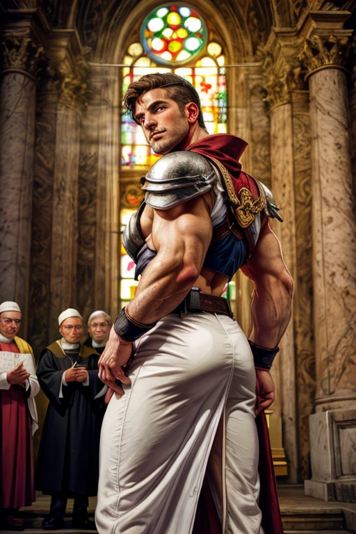 looking back, DariusFerdynand wearing well-fitted sleeveless red and white sheer tight Roman-Catholic-pope robe-armor, looking at viewer, peaceful and righteous expression, dynamic pose BREAK St. Peter's Basilica, Vatican, BREAK heroic, religious motifs, Chiaroscuro, Renaissance art, ecclesiastical power, BREAK realistic, cinematic, best quality, detailed background, depth of field, intricate details