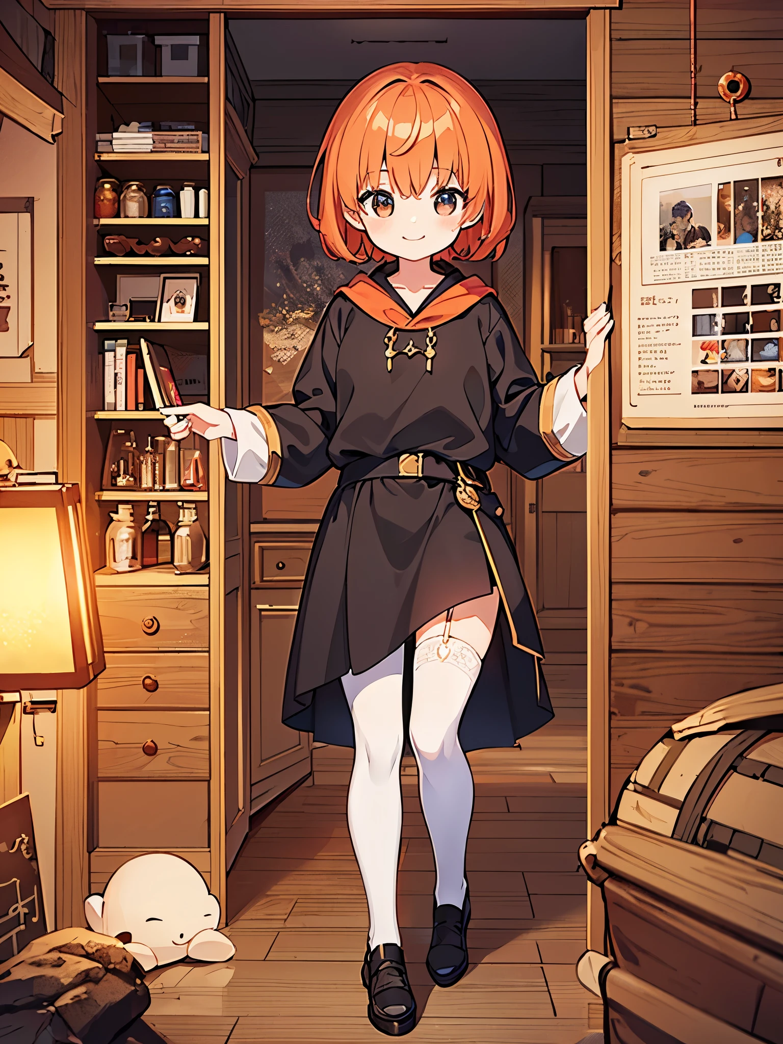 ((best quality)), ((masterpiece)), (detailed), An optimistic girl,short hair,Wear a black shirt,Wearing a crimson skirt and white stockings,With orange hair,Smile,Copper element metal,Copper element metal,深红色Copper element metal,In the wizarding world,In the natural world