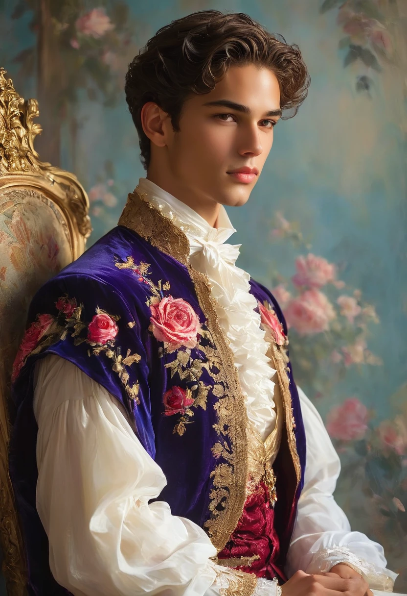 Create an image of a young man inspired by the characteristics of the rose 'The Prince,' a mixed-race male model, 25 years old, with an angelic face, prince-like eyes, and a lightly sweet smile. Standing in a poised and regal posture, with one hand resting by his side, he evokes a sense of deep contemplation and elegance. He is dressed in a deep, rich velvet robe in dark purple or red wine, adorned with intricate embroidery and layered over Jockstrap. His clothing reflects the complex, multi-petaled structure of the rose, with detailed textures and luxurious silk fabrics.

The composition places the model slightly off-center, allowing for a view of a luxurious background with hints of blooming deep-red roses, creating a natural yet sophisticated setting. Soft, diffused lighting highlights the model's features and clothing, casting gentle shadows that add depth and dimension to the image. The overall atmosphere is one of quiet intensity and refined elegance, with a subtle hint of romanticism.

The photo is a full-body image taken at eye level with a slight upward angle to emphasize the model's regal presence, using a Canon EOS R7 and a Sigma AF 85mm F1.4 EX DG HSM lens, to achieve a shallow depth of field, ensuring the model stands out sharply against the softly blurred background.

This image is inspired by photographers like Thomas Synnamon, known for his ability to capture elegance and refinement in fashion photography, and his use of golden hour dreamlike settings and intricate details complements the theme perfectly.