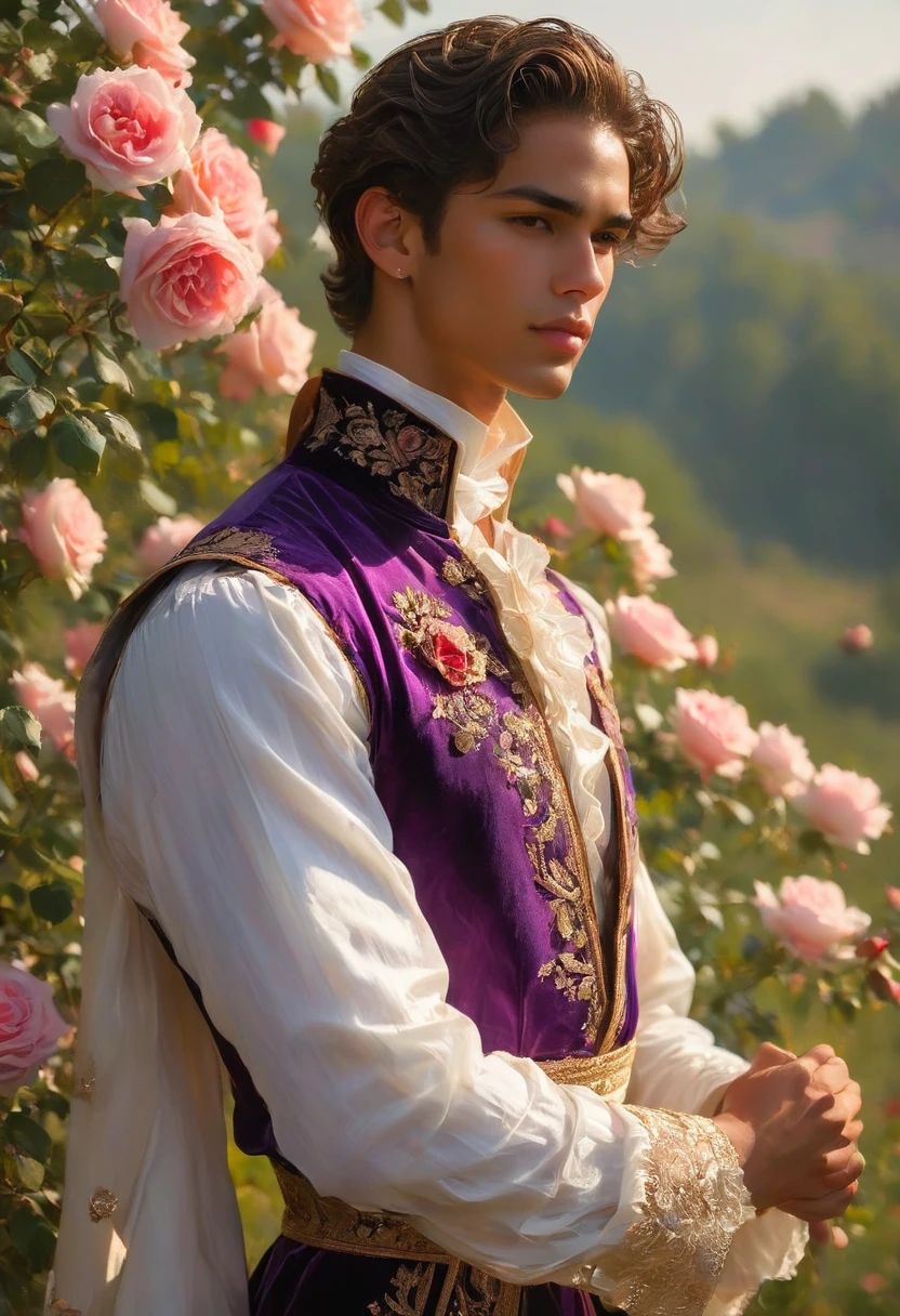 Create an image of a young man inspired by the characteristics of the rose 'The Prince,' a mixed-race male model, 25 years old, with an angelic face, prince-like eyes, and a lightly sweet smile. Standing in a poised and regal posture, with one hand resting by his side, he evokes a sense of deep contemplation and elegance. He is dressed in a deep, rich velvet robe in dark purple or red wine, adorned with intricate embroidery and layered over Jockstrap. His clothing reflects the complex, multi-petaled structure of the rose, with detailed textures and luxurious silk fabrics.

The composition places the model slightly off-center, allowing for a view of a luxurious background with hints of blooming deep-red roses, creating a natural yet sophisticated setting. Soft, diffused lighting highlights the model's features and clothing, casting gentle shadows that add depth and dimension to the image. The overall atmosphere is one of quiet intensity and refined elegance, with a subtle hint of romanticism.

The photo is a full-body image taken at eye level with a slight upward angle to emphasize the model's regal presence, using a Canon EOS R7 and a Sigma AF 85mm F1.4 EX DG HSM lens, to achieve a shallow depth of field, ensuring the model stands out sharply against the softly blurred background.

This image is inspired by photographers like Thomas Synnamon, known for his ability to capture elegance and refinement in fashion photography, and his use of golden hour dreamlike settings and intricate details complements the theme perfectly.