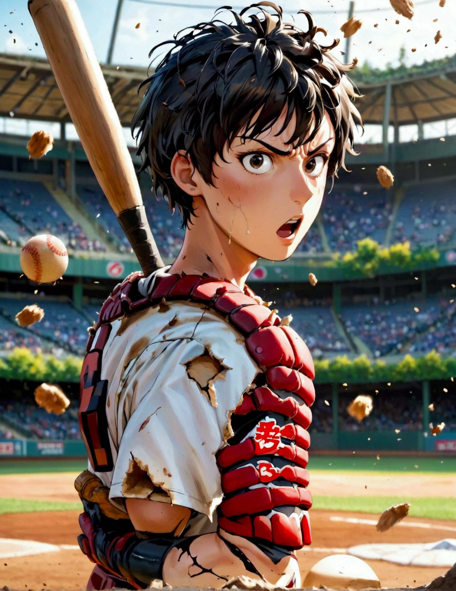 Saitama, One Punch Man, Saitama, dressed in a baseball player outfit looking stunned and confused, badly damaged baseball bat in his hand, exploded baseball remains fall to the ground
