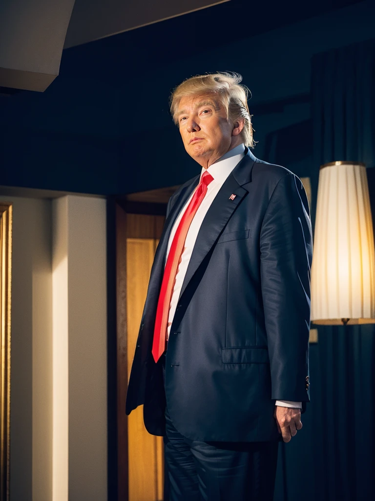 Priority focus on a tie pin prominently displaying the letters "BXX" on Donald Trump's tie. Epic cinematic shot of a dynamic masterpiece, best quality, hyper-detailed, ultra-detailed. Donald Trump is wearing a RAL-Bling gold suit, standing with one hand in his pocket, with realistic skin. The background features the US flag, waist shot with a bokeh background. Rembrandt lighting, in motion. Main subject of a high-budget action movie. Raw photo, motion blur, best quality, high resolution.