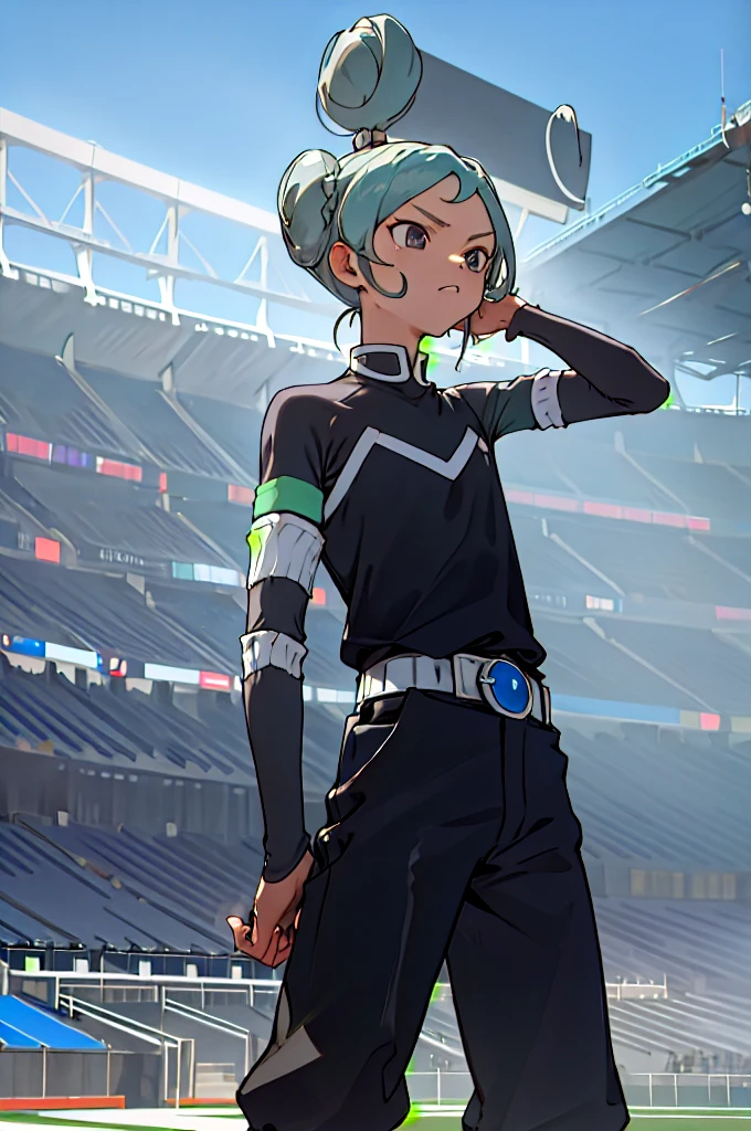 masterpiece, best quality, highres, aabeta, armband, sportswear, double bun, black shirt, belt, black pants, outdoors, cowboy shot, standing, stadium