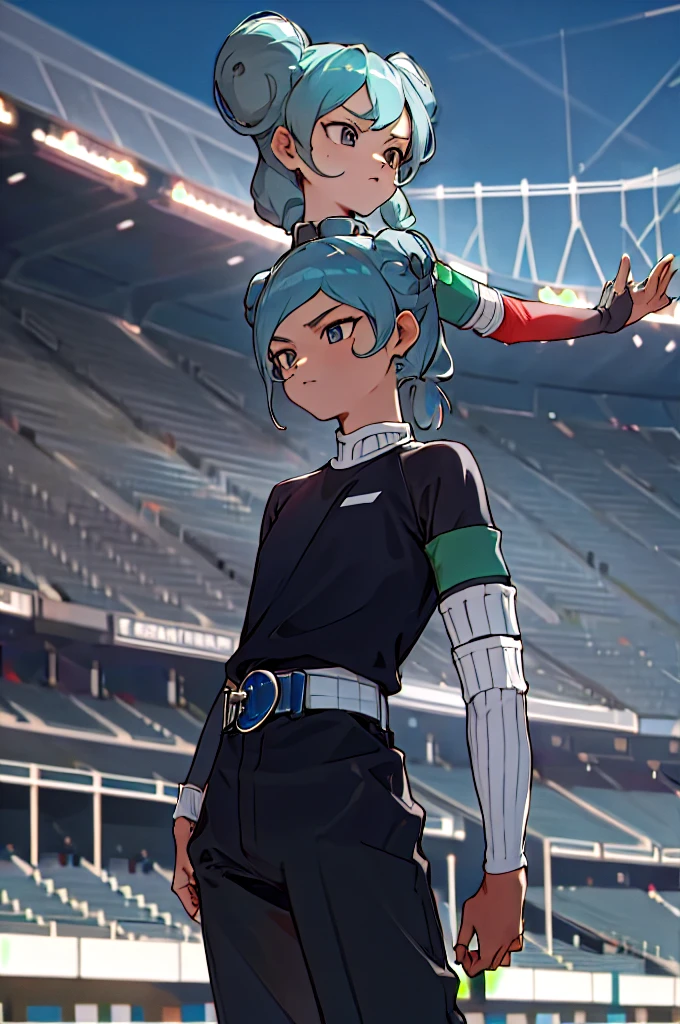 masterpiece, best quality, highres, aabeta, armband, sportswear, double bun, black shirt, belt, black pants, outdoors, cowboy shot, standing, stadium